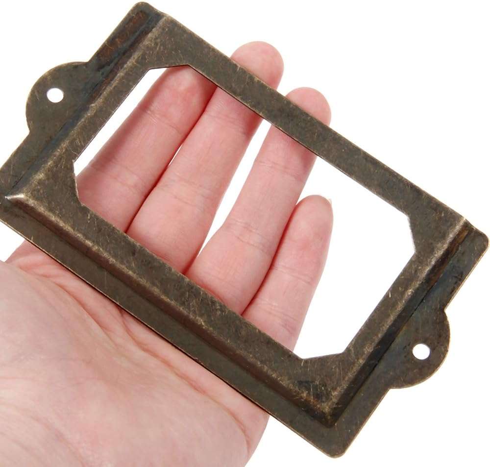 4 PCS Antique Tag Label Frames File Name Card Holder Bronze Drawer Pull Labels Holders for Office File Case Library Drawer Medicine Cabinet Apothecary Furniture (Length:5", Height:2-3/4") - Image 1