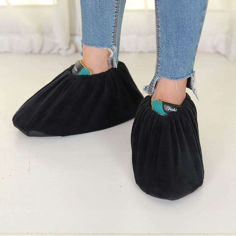 PlasMaller 5 Pairs Non Slip Washable Reusable Shoes Covers For Household Thickened Boots, Black, L - Image 3