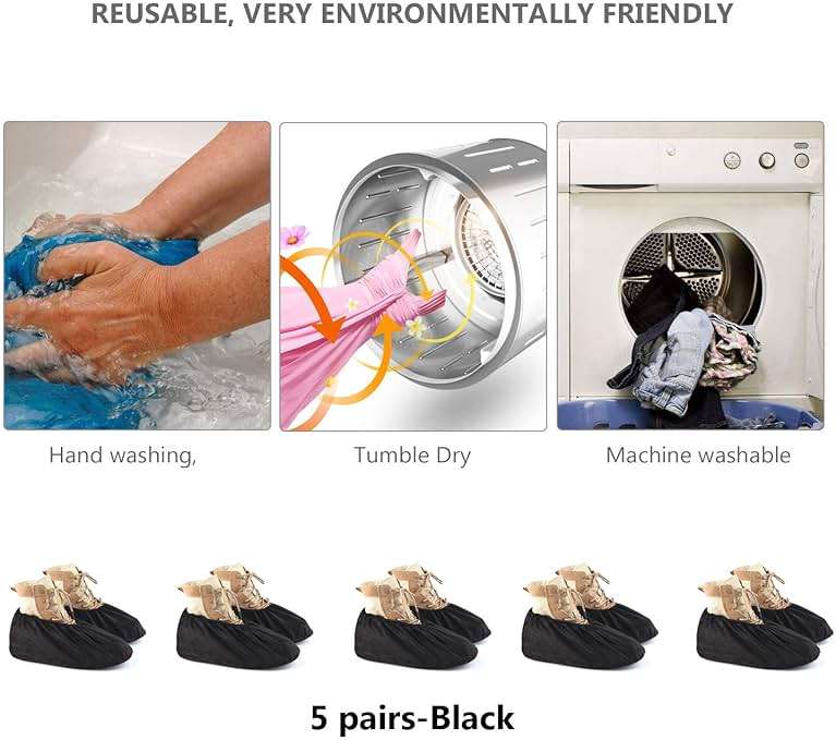 PlasMaller 5 Pairs Non Slip Washable Reusable Shoes Covers For Household Thickened Boots, Black, L - Image 7