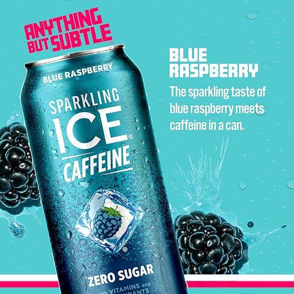 Sparkling Ice Caffeine Blue Raspberry Sparkling Water with Caffeine, Zero Sugar, with Antioxidants and Vitamins,16 fl oz Cans (Pack Of 12) - Image 2