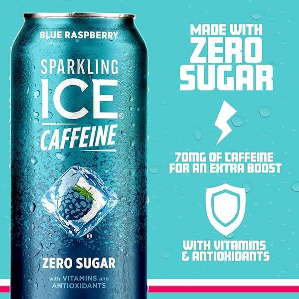 Sparkling Ice Caffeine Blue Raspberry Sparkling Water with Caffeine, Zero Sugar, with Antioxidants and Vitamins,16 fl oz Cans (Pack Of 12) - Image 3