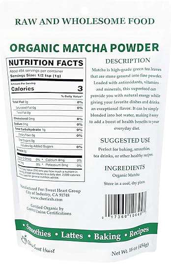 Cherie Sweet Heart Organic Matcha Green Tea Powder - Premium Culinary Grade, Authentic Japanese Origin, Antioxidant-Rich, Gluten-Free, Vegan – Perfect for Lattes, Cooking, Baking & Smoothies – 16oz Resealable Bag - Image 2