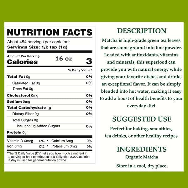Cherie Sweet Heart Organic Matcha Green Tea Powder - Premium Culinary Grade, Authentic Japanese Origin, Antioxidant-Rich, Gluten-Free, Vegan – Perfect for Lattes, Cooking, Baking & Smoothies – 16oz Resealable Bag - Image 3