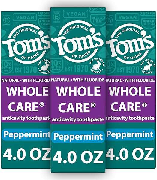 Tom's of Maine Whole Care Natural Toothpaste with Fluoride, Peppermint, 4 oz. 3-Pack (Packaging May Vary) - Image 1