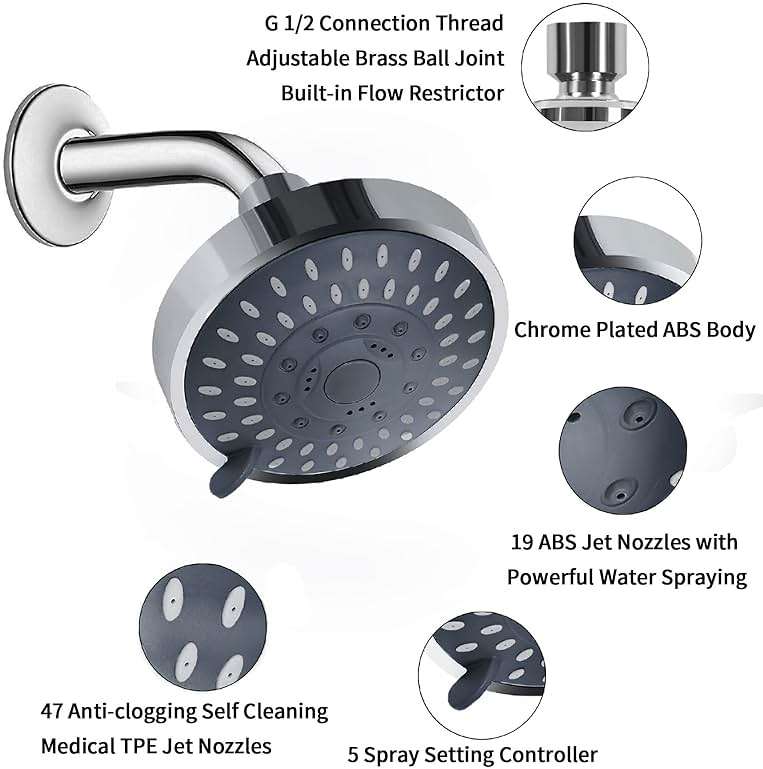 Aisoso Shower Head High Pressure Rain Fixed Showerhead 5-Setting with Adjustable Metal Swivel Ball Joint - Relaxed Shower Experience Even at Low Water Flow & Pressure - Image 6