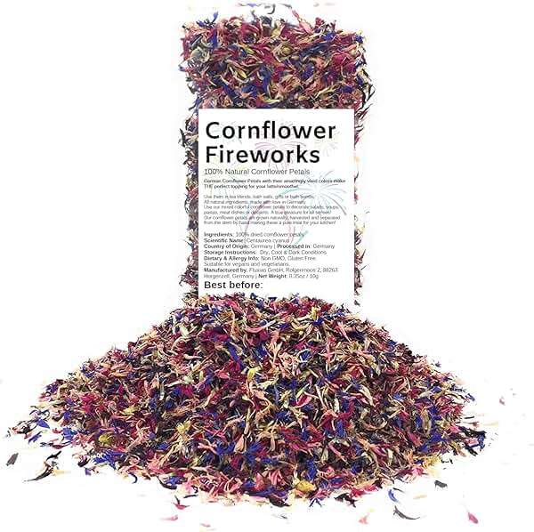 Edible Flower Sprinkles - Mesmerizing Cornflower Fireworks Petals - 100% Natural Centaurea Cyanus, Grown in Germany - Dried Colorful Cornflowers for Herbal Tea, Topping on Cupcakes, Desserts - Image 1