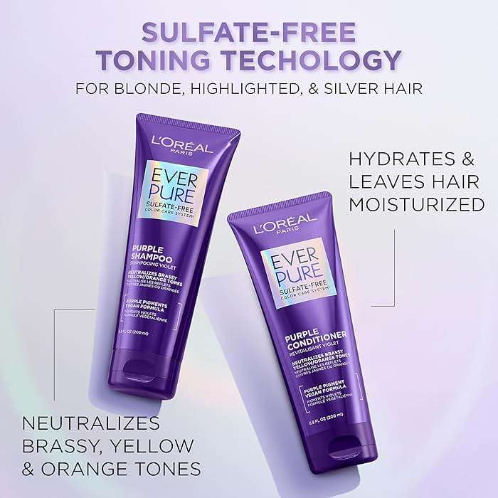 L’Oreal Paris Sulfate Free Brass Toning Purple Shampoo for Blonde, Bleached, Silver, or Brown Highlighted Hair, EverPure, 6.8 Fl Oz (Packaging May Vary) - Image 3