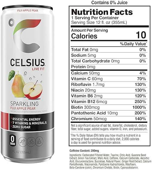CELSIUS Sparkling Fuji Apple Pear, Sugar Free Energy Drink, 12 Fl Oz (Pack of 12) - Image 2