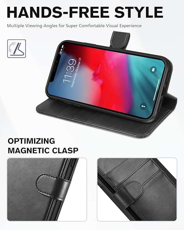 TUCCH Case Wallet for iPhone XR, Kickstand RFID Blocking Credit Card Slot PU Leather Folio Phone Cover with Wireless Charging [Shockproof TPU Shell] Compatible with iPhone XR 6.1, Black - Image 4