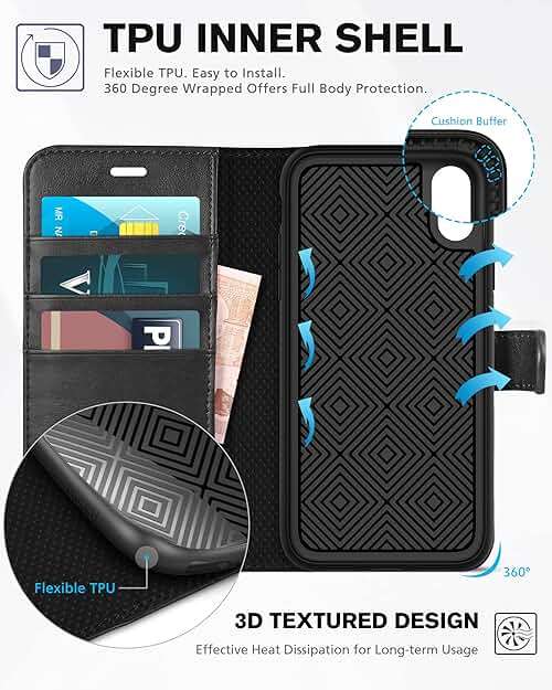 TUCCH Case Wallet for iPhone XR, Kickstand RFID Blocking Credit Card Slot PU Leather Folio Phone Cover with Wireless Charging [Shockproof TPU Shell] Compatible with iPhone XR 6.1, Black - Image 5