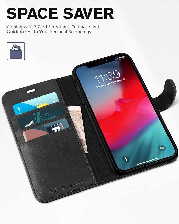 TUCCH Case Wallet for iPhone XR, Kickstand RFID Blocking Credit Card Slot PU Leather Folio Phone Cover with Wireless Charging [Shockproof TPU Shell] Compatible with iPhone XR 6.1, Black - Image 7