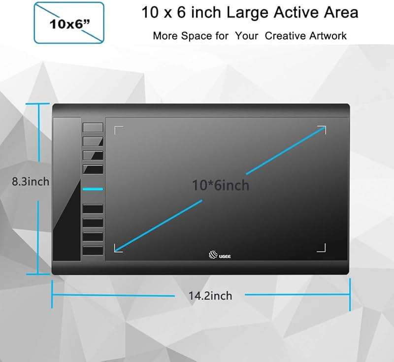 Drawing Tablet, UGEE M708 10 x 6 inch Large Drawing Tablet with 8 Hot Keys, Passive Stylus of 16384 Levels Pressure, Digital Graphics Art Tablet for PC Paint, Design, Art Creation Sketch - Image 2
