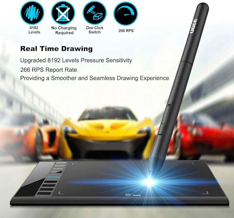 Drawing Tablet, UGEE M708 10 x 6 inch Large Drawing Tablet with 8 Hot Keys, Passive Stylus of 16384 Levels Pressure, Digital Graphics Art Tablet for PC Paint, Design, Art Creation Sketch - Image 3