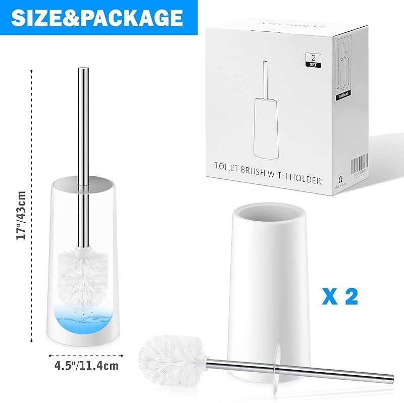 Toilet Brush and Holder, 2 Pack Toilet Brush with 304 Stainless Steel Long Handle, Toilet Bowl Brush for Bathroom Toilet-Ergonomic, Elegant,Durable (White) - Image 2