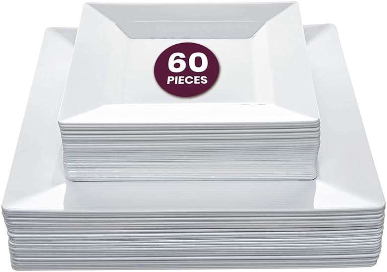 Aya's 60ct Square Plastic Disposable Plates, White - 9.5-Inch 30 Dinner and 6.5-Inch 30 Salad Plates for Party - Heavy-Duty Hard Plastic Design for Wedding, Event, Christmas, and Thanksgiving - Image 1