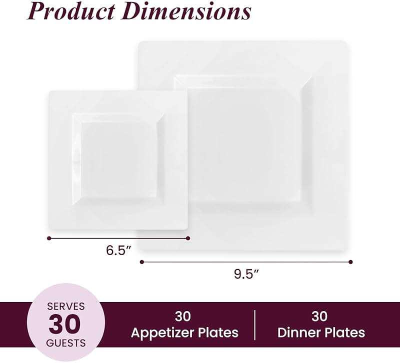 Aya's 60ct Square Plastic Disposable Plates, White - 9.5-Inch 30 Dinner and 6.5-Inch 30 Salad Plates for Party - Heavy-Duty Hard Plastic Design for Wedding, Event, Christmas, and Thanksgiving - Image 3