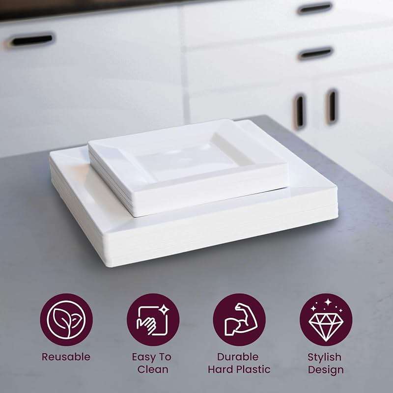 Aya's 60ct Square Plastic Disposable Plates, White - 9.5-Inch 30 Dinner and 6.5-Inch 30 Salad Plates for Party - Heavy-Duty Hard Plastic Design for Wedding, Event, Christmas, and Thanksgiving - Image 5