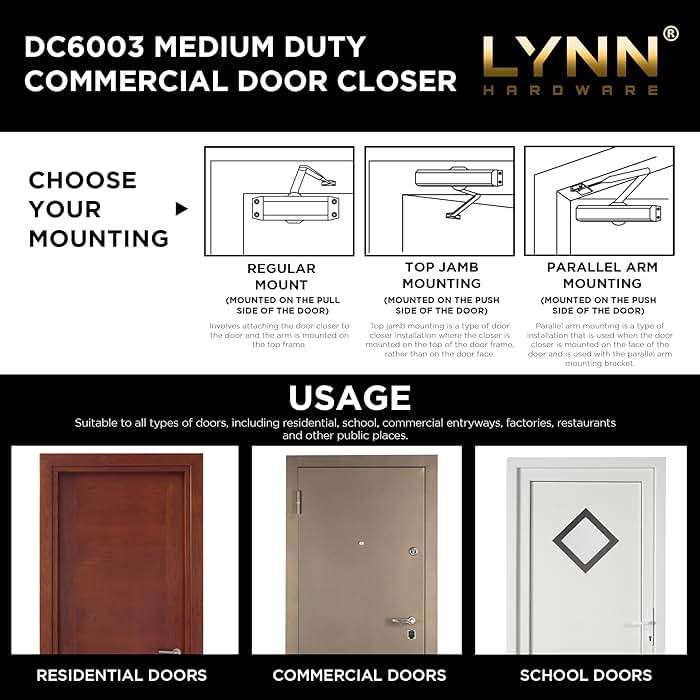 LYNN HARDWARE Medium Duty Automatic Door Closer (Silver) - Highly Durable Cast Aluminum, Commercial or Home Use, Adjustable Speed Controls, 3 Mounting Options, 3 Hour Fire Rated (DC6003 Model) - Image 4