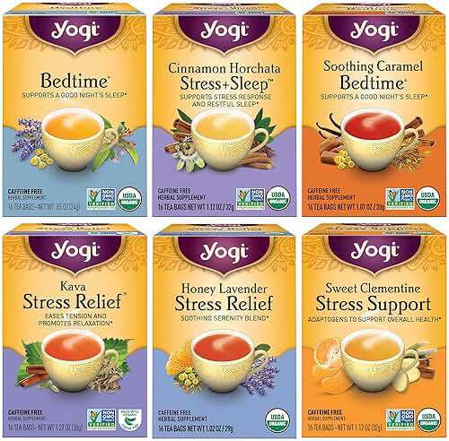 Yogi Tea Stress Relief & Herbal Tea Variety Pack - 16 Bags per Pack (6 Packs) - Organic Herbal Sampler - Includes Bedtime, Kava Stress Relief, Soothing Caramel Bedtime & More - Image 1
