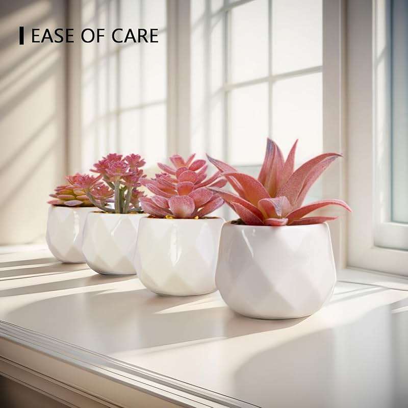 VIVERIE Mini Faux Succulents Plants Artificial in Pots-Rose Pink Desk Accessories, Small Fake Succulents Plants for Home Decor Indoor for Women, White Ceramic, Set of 4 - Image 2