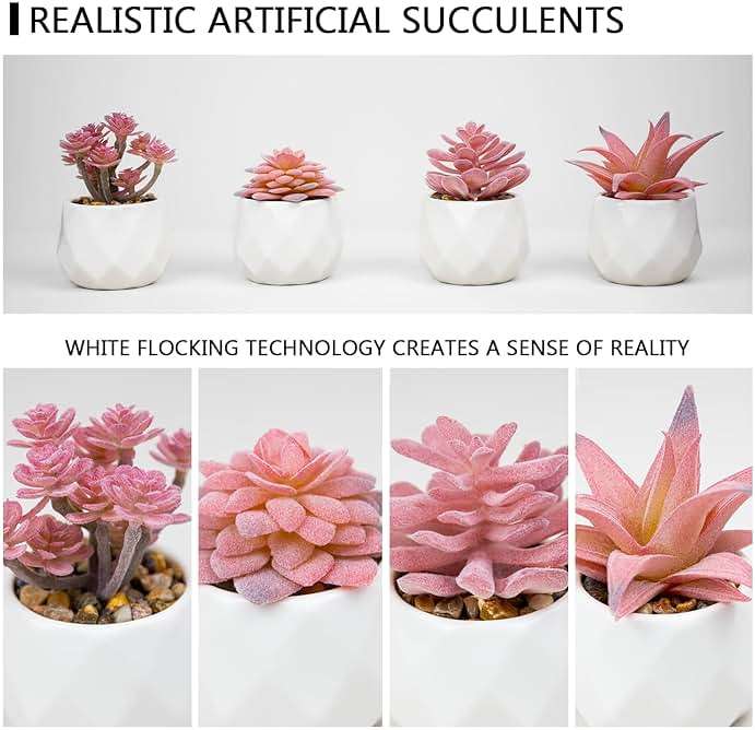 VIVERIE Mini Faux Succulents Plants Artificial in Pots-Rose Pink Desk Accessories, Small Fake Succulents Plants for Home Decor Indoor for Women, White Ceramic, Set of 4 - Image 4