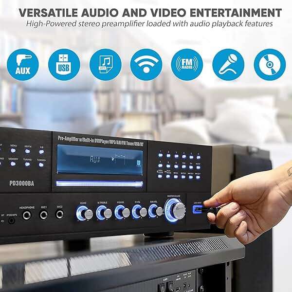 Pyle 4 Channel Bluetooth Home Amplifier - Front Loading DVD/CD Player - 3000W Peak Stereo Receiver - 2 Mic Inputs w/ Echo, FM Radio,Optical In,USB,RCA,Composite, LED Level Meter, Rack Mount - PD3000BA - Image 5