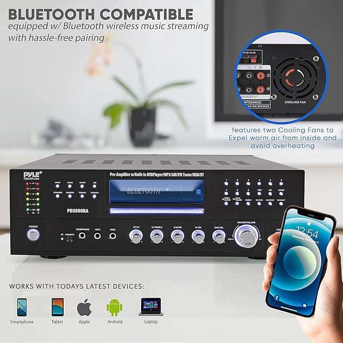 Pyle 4 Channel Bluetooth Home Amplifier - Front Loading DVD/CD Player - 3000W Peak Stereo Receiver - 2 Mic Inputs w/ Echo, FM Radio,Optical In,USB,RCA,Composite, LED Level Meter, Rack Mount - PD3000BA - Image 7