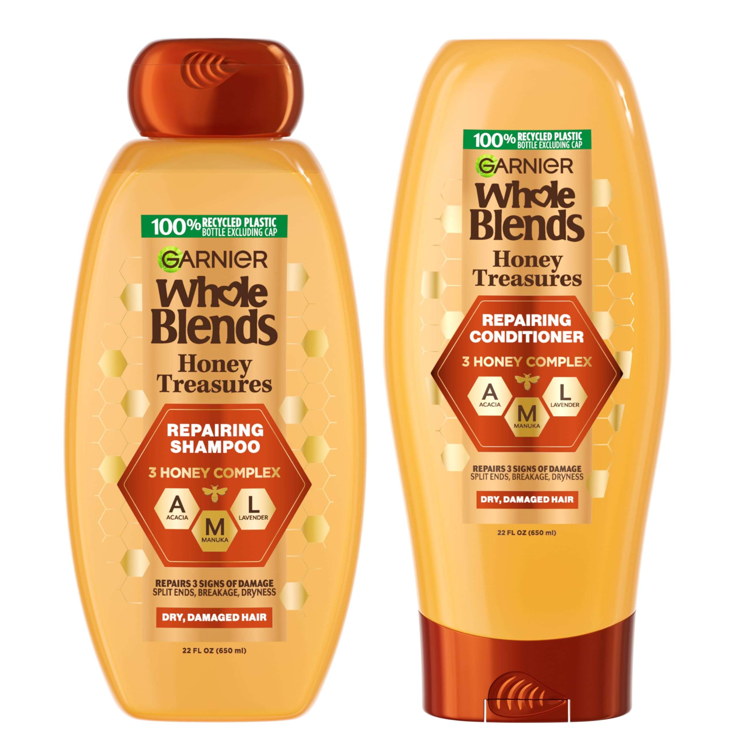 Garnier Whole Blends Honey Treasures Repairing Shampoo and Conditioner Set for Dry, Damaged Hair, 22 Fl Oz (2 Items), 1 Kit (Packaging May Vary) - Image 1