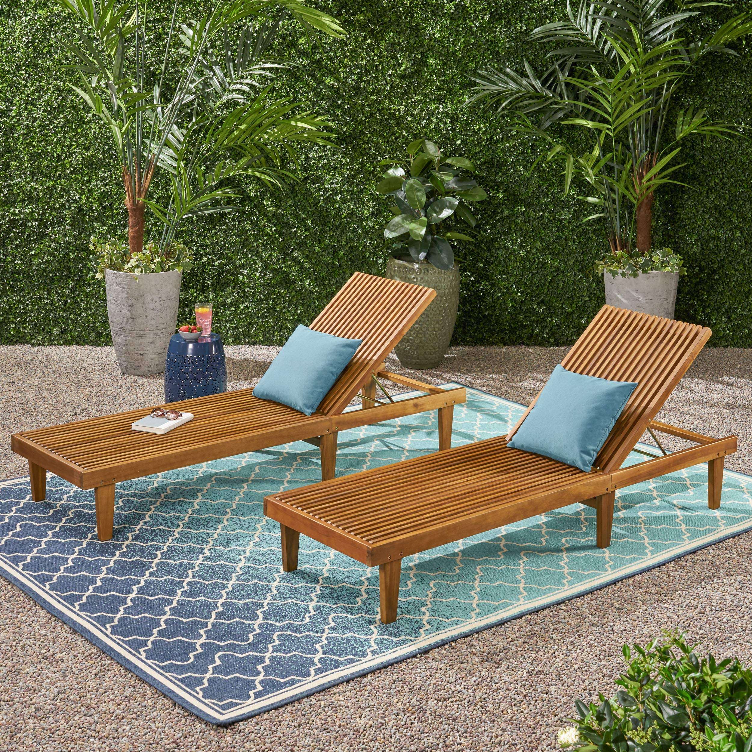 GDFStudio Outdoor Wooden Chaise Lounge, Set of 2 with Teak Finish - Image 2
