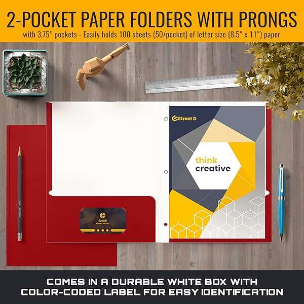 Better Office Products Plastic Folders, 50 Pack Red Paper Folders with Pockets & Folders with Prongs, Matte Texture, Letter Size, 3 Metal Prong Fastener Clips, Durable for Office, School, Filing - Image 3