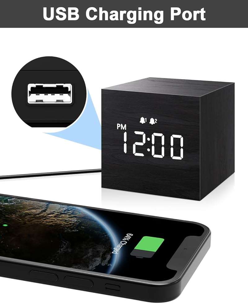 JALL Digital Alarm Clock, with Wooden Electronic LED Time Display, 3 Alarm, 2.5-inch Cubic Small Mini Wood Made Electric Clocks for Bedroom, Bedside, Desk, Black - Image 2