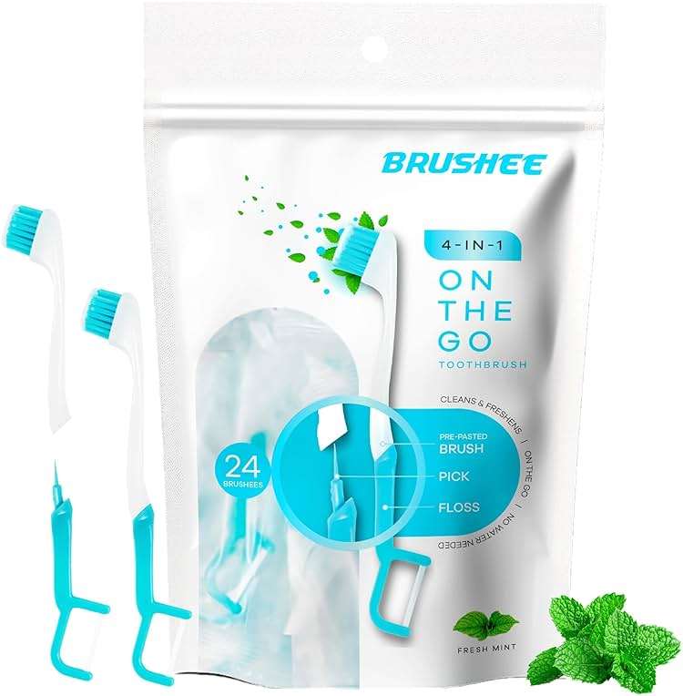 Brushee - The Evolution of Oral Care | 4-in-1 Tool (Paste + Brush + Floss + Pick) | Individually Wrapped | Disposable | Prepasted Travel Toothbrushes | Small Adult Toothbrush - (24-Pack) - Image 1