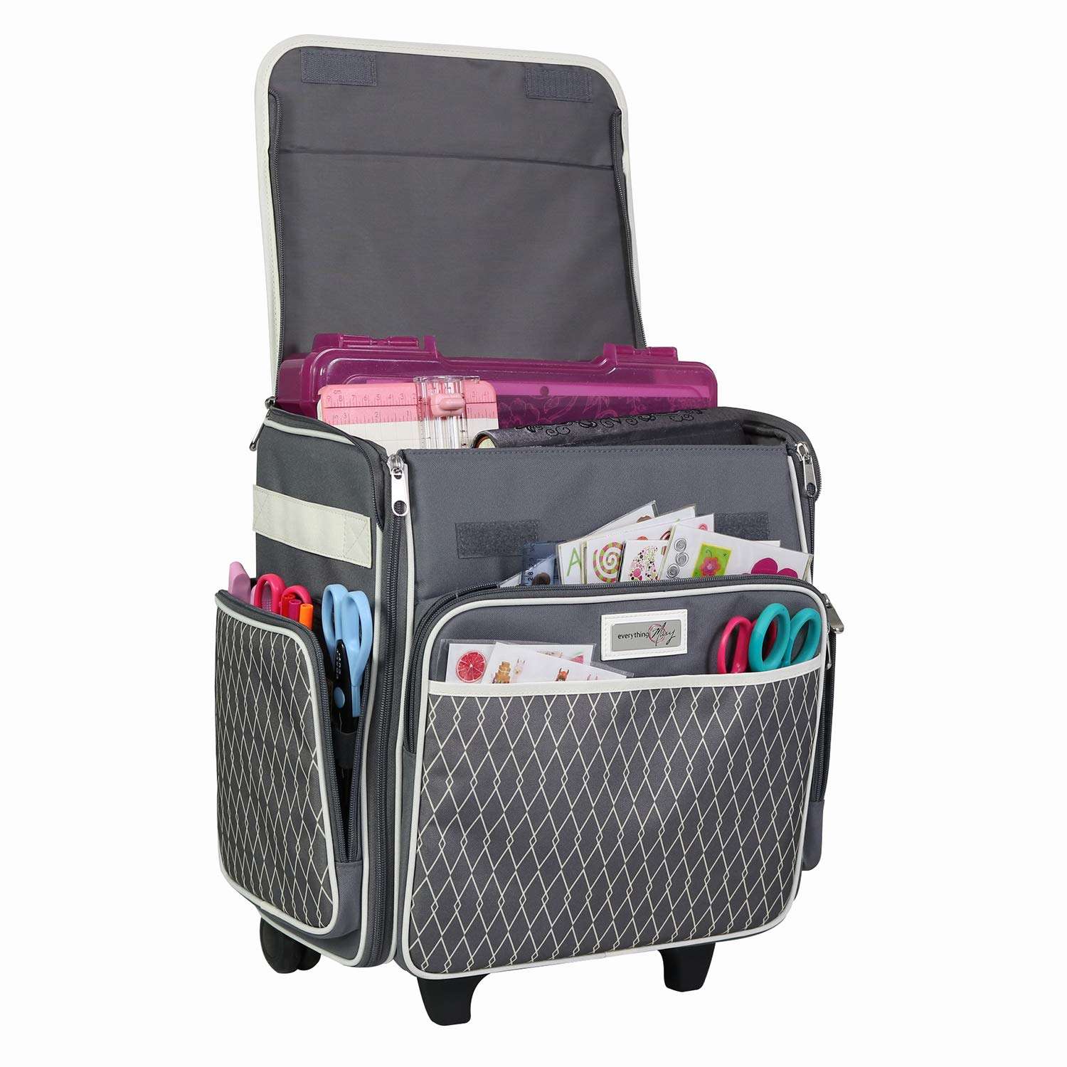 Everything Mary Rolling Scrapbook Storage Tote – Grey/White Diamond Craft Case for Paper, Binders, Beads, Scissors & Supplies – Telescoping Handle with Dual Wheels - Image 2