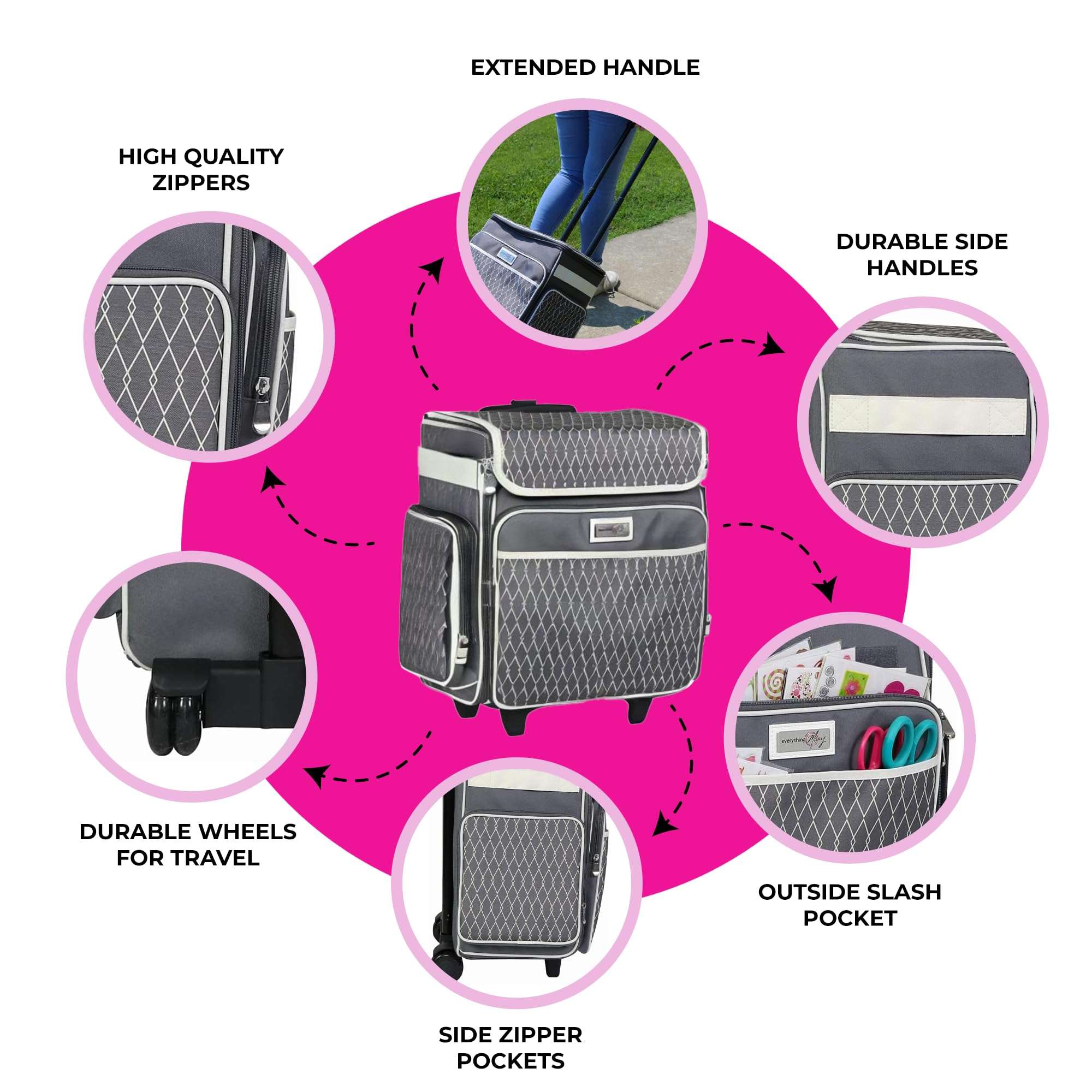 Everything Mary Rolling Scrapbook Storage Tote – Grey/White Diamond Craft Case for Paper, Binders, Beads, Scissors & Supplies – Telescoping Handle with Dual Wheels - Image 4