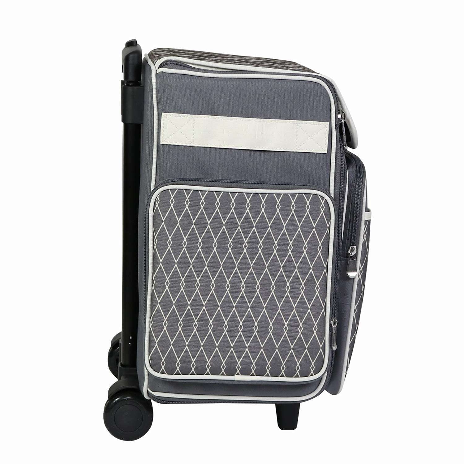 Everything Mary Rolling Scrapbook Storage Tote – Grey/White Diamond Craft Case for Paper, Binders, Beads, Scissors & Supplies – Telescoping Handle with Dual Wheels - Image 10