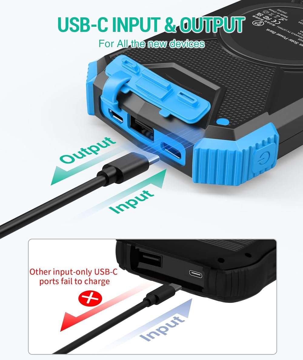 BLAVOR Solar Power Bank 10,000mAh, Portable Wireless Charger, 20W Fast Charging External Battery Pack with USB C for Cell Phones, Solar Panel Charging with Dual Flashlight for Camping - Image 4