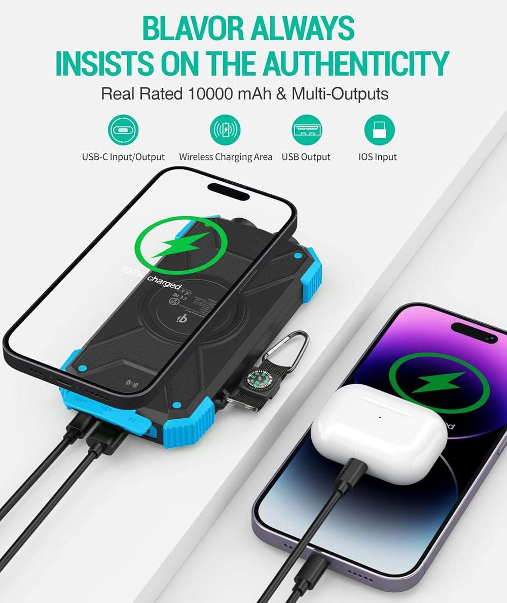 BLAVOR Solar Power Bank 10,000mAh, Portable Wireless Charger, 20W Fast Charging External Battery Pack with USB C for Cell Phones, Solar Panel Charging with Dual Flashlight for Camping - Image 5