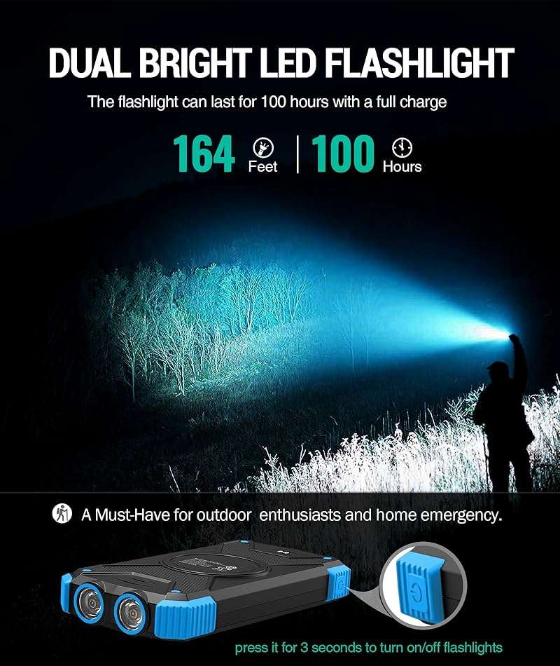 BLAVOR Solar Power Bank 10,000mAh, Portable Wireless Charger, 20W Fast Charging External Battery Pack with USB C for Cell Phones, Solar Panel Charging with Dual Flashlight for Camping - Image 7