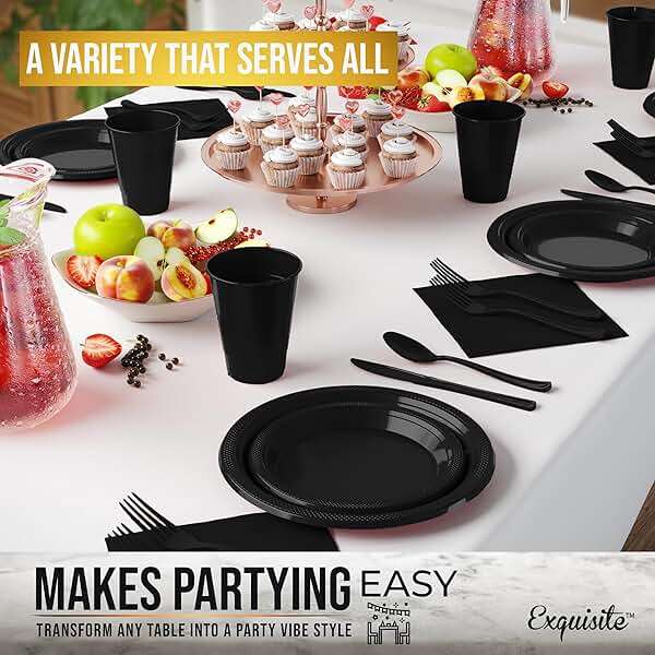 350 Pcs Black Plastic Plates For Party, Black Disposable Plates Set, 50 Of Each 9" Dinner Plate Set, 7" Dessert Plate, Cups, Napkins & Cutlery Plastic Dinnerware Exquisite - Image 2