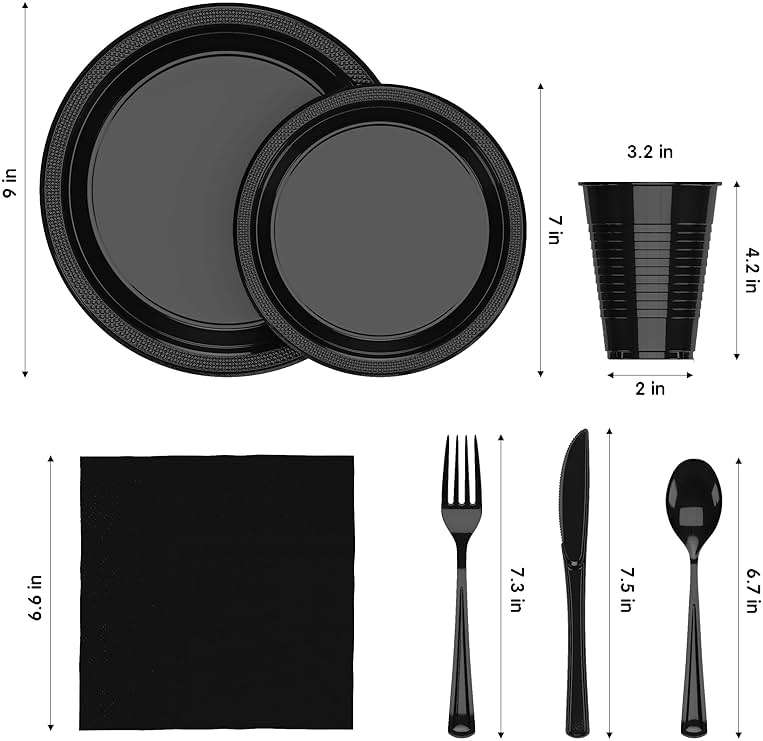 350 Pcs Black Plastic Plates For Party, Black Disposable Plates Set, 50 Of Each 9" Dinner Plate Set, 7" Dessert Plate, Cups, Napkins & Cutlery Plastic Dinnerware Exquisite - Image 3