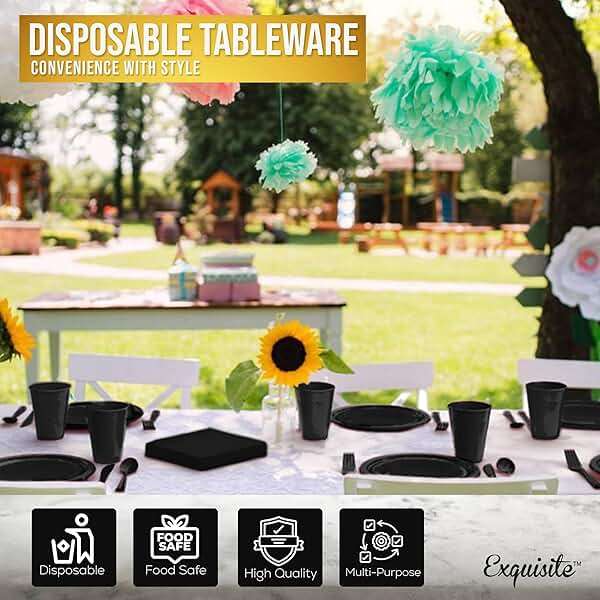 350 Pcs Black Plastic Plates For Party, Black Disposable Plates Set, 50 Of Each 9" Dinner Plate Set, 7" Dessert Plate, Cups, Napkins & Cutlery Plastic Dinnerware Exquisite - Image 5