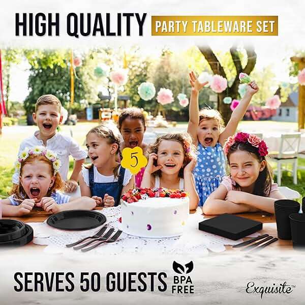 350 Pcs Black Plastic Plates For Party, Black Disposable Plates Set, 50 Of Each 9" Dinner Plate Set, 7" Dessert Plate, Cups, Napkins & Cutlery Plastic Dinnerware Exquisite - Image 6