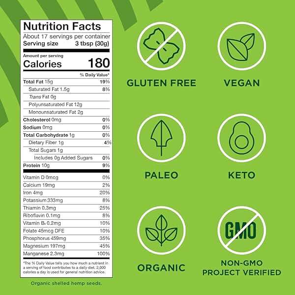 Manitoba Harvest Organic Hemp Seeds, 18oz, 10g Plant Based Protein and 12g Omega 3 & 6 per Srv, smoothies, yogurt & salad, Non-GMO, Vegan, Keto, Paleo, Gluten Free - Image 2