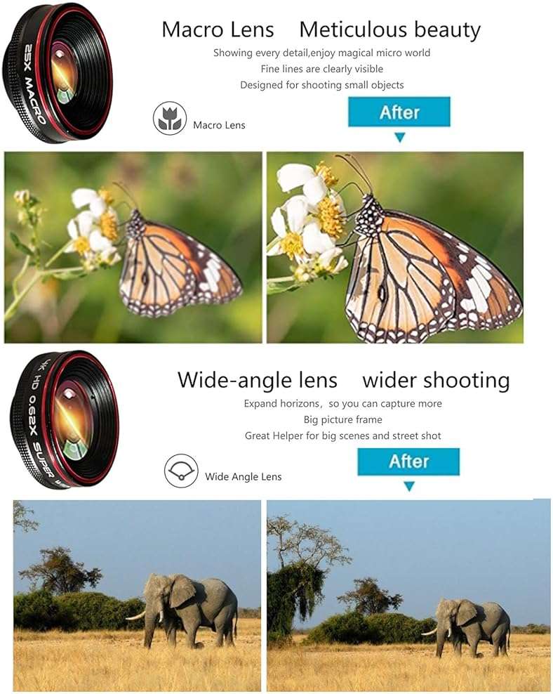 Phone Camera Lens Kit 10 in 1 for iPhone Samsung Pixel Android, 22X Telephoto Lens, 0.62X Super Wide Angle Lens&25X Macro Lens, 235° Fisheye,Kaleidoscopes, Starlight，Tripod，for Most Smartphone Black - Image 3