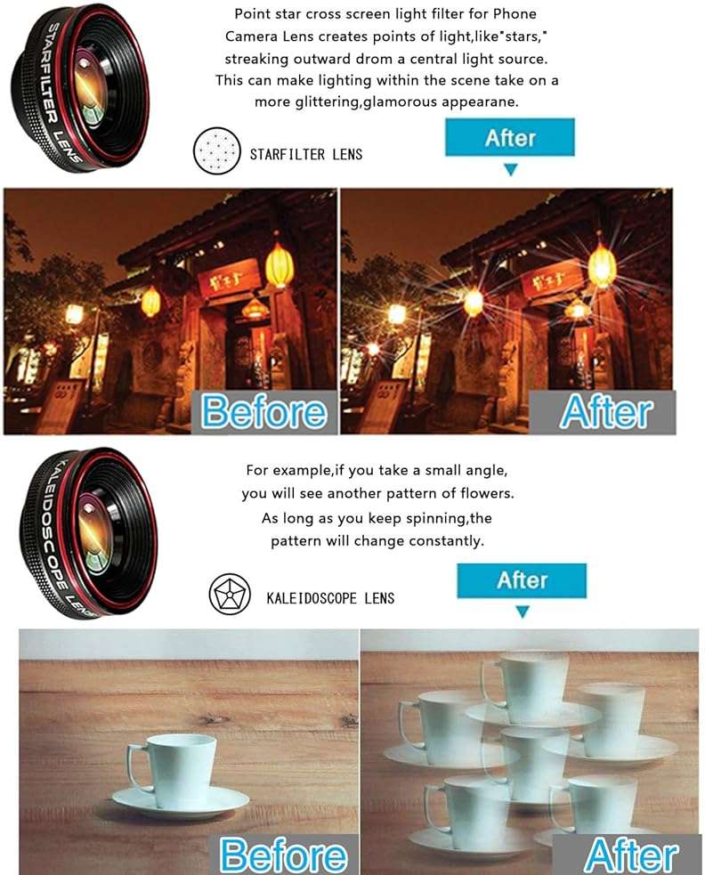 Phone Camera Lens Kit 10 in 1 for iPhone Samsung Pixel Android, 22X Telephoto Lens, 0.62X Super Wide Angle Lens&25X Macro Lens, 235° Fisheye,Kaleidoscopes, Starlight，Tripod，for Most Smartphone Black - Image 4
