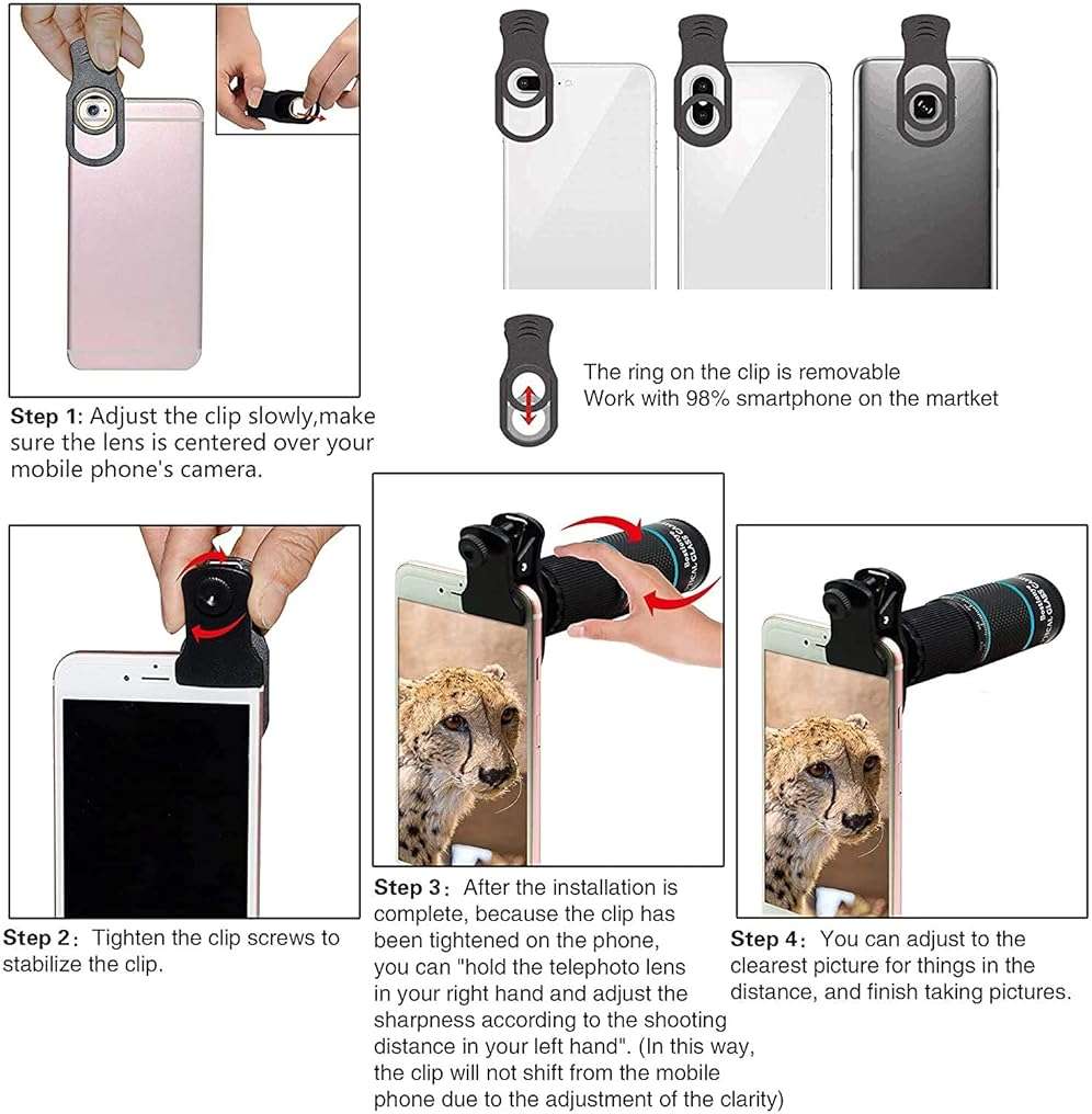 Phone Camera Lens Kit 10 in 1 for iPhone Samsung Pixel Android, 22X Telephoto Lens, 0.62X Super Wide Angle Lens&25X Macro Lens, 235° Fisheye,Kaleidoscopes, Starlight，Tripod，for Most Smartphone Black - Image 6