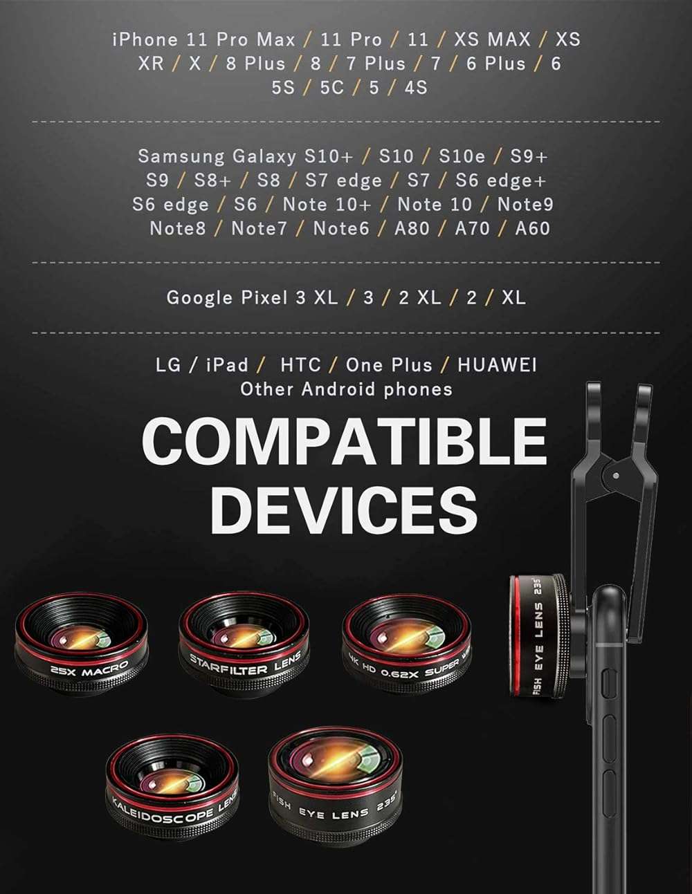 Phone Camera Lens Kit 10 in 1 for iPhone Samsung Pixel Android, 22X Telephoto Lens, 0.62X Super Wide Angle Lens&25X Macro Lens, 235° Fisheye,Kaleidoscopes, Starlight，Tripod，for Most Smartphone Black - Image 8