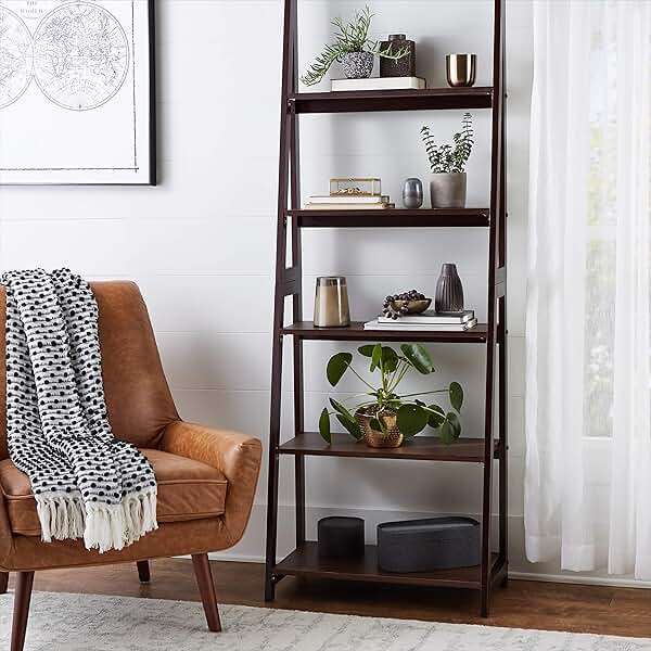 Amazon Basics 5-Tier Ladder Bookshelf Storage Organizer, Tall Bookcase for Small Space, Solid Rubberwood Frame, Modern Display Shelf, Espresso Finish, 14" D x 24.8" W x 70.1" H - Image 2