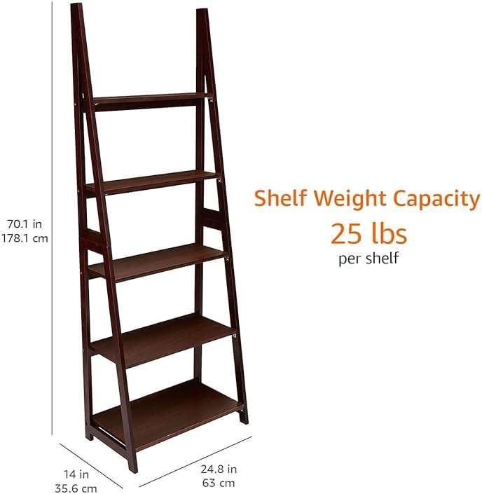 Amazon Basics 5-Tier Ladder Bookshelf Storage Organizer, Tall Bookcase for Small Space, Solid Rubberwood Frame, Modern Display Shelf, Espresso Finish, 14" D x 24.8" W x 70.1" H - Image 3