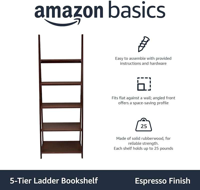 Amazon Basics 5-Tier Ladder Bookshelf Storage Organizer, Tall Bookcase for Small Space, Solid Rubberwood Frame, Modern Display Shelf, Espresso Finish, 14" D x 24.8" W x 70.1" H - Image 4
